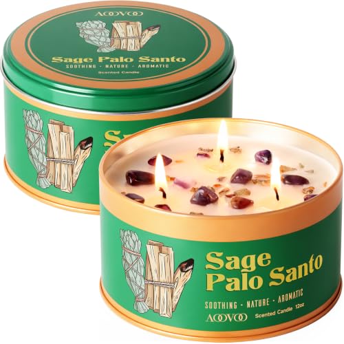 Image of AOOVOO 2 Pack Sage & Palo Santo Candles for Cleansing - 3 Wick 12oz Large Scented Candle with Amethyst Crystals, Sage & Palo Santo Inside, Non-Toxic Soy Candles for Meditation Spiritual Healing Gift
