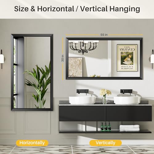 55x30 Inch Black Bathroom Mirror for Wall, Thick Metal Framed Rectangle Mirrors for Over Sink, Bedroom, Living Room, Entryway, Anti-Rust, HD Tempered Glass