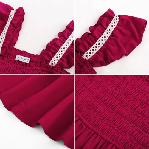 Image of Kate Kasin Womens 2025 Summer Casual Dress Sleeveless Square Neck Smocked Ruffle Boho Flowy Maxi Beach Sundress