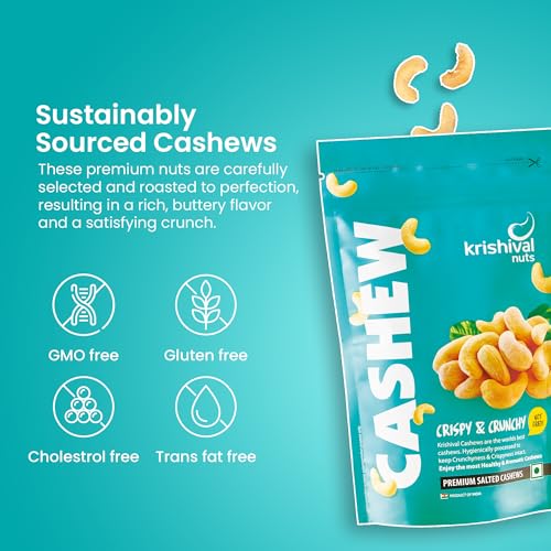 Image of Krishival Nuts Salted Cashews | Freshly Roasted | Rich in Taste & Crunch | Zero Preservatives | 200 grams (Pack of 2 100g Each) | Nutritious & Delicious Nuts for Office, Travel & Home