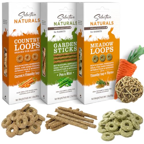 Supreme Naturals Rabbit Treats, Meadow Loops for Rabbits, Country Loops & Garden Sticks with Bunny Chew Toys (Grass Ball & Carrot Chew) – Natural Timothy Hay Treats for Small Pets, 7.7 oz Total
