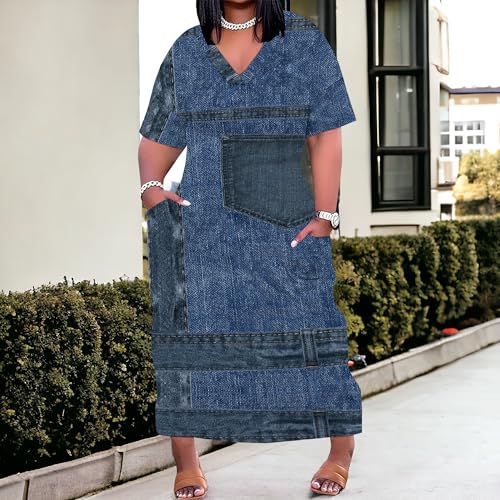 Image of SUZONANA Plus Size Denim Print Shirt Maxi Dresses for Curvy Women Casual Blue Jean Summer Outfits Long Short Sleeve Dress with Pockets Patchwork 5XL