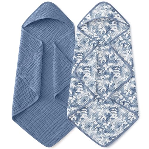 Image of Yoofoss Hooded Baby Towels for Newborn 2 Pack 100% Muslin Organic Cotton Baby Bath Towel with Hood for Babies, Infant, Toddler and Kids, Large 32x32Inch, Soft and Absorbent Newborn Essential