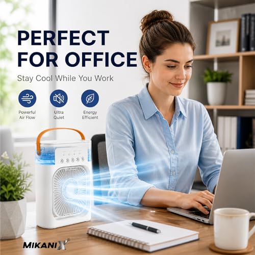 Image of MIKANIX Mini Cooler Fan for Room, Kitchen, Home & Office Desk | USB Cable, 3 Wind Speed Mode with Cooling Misting Fan (White)