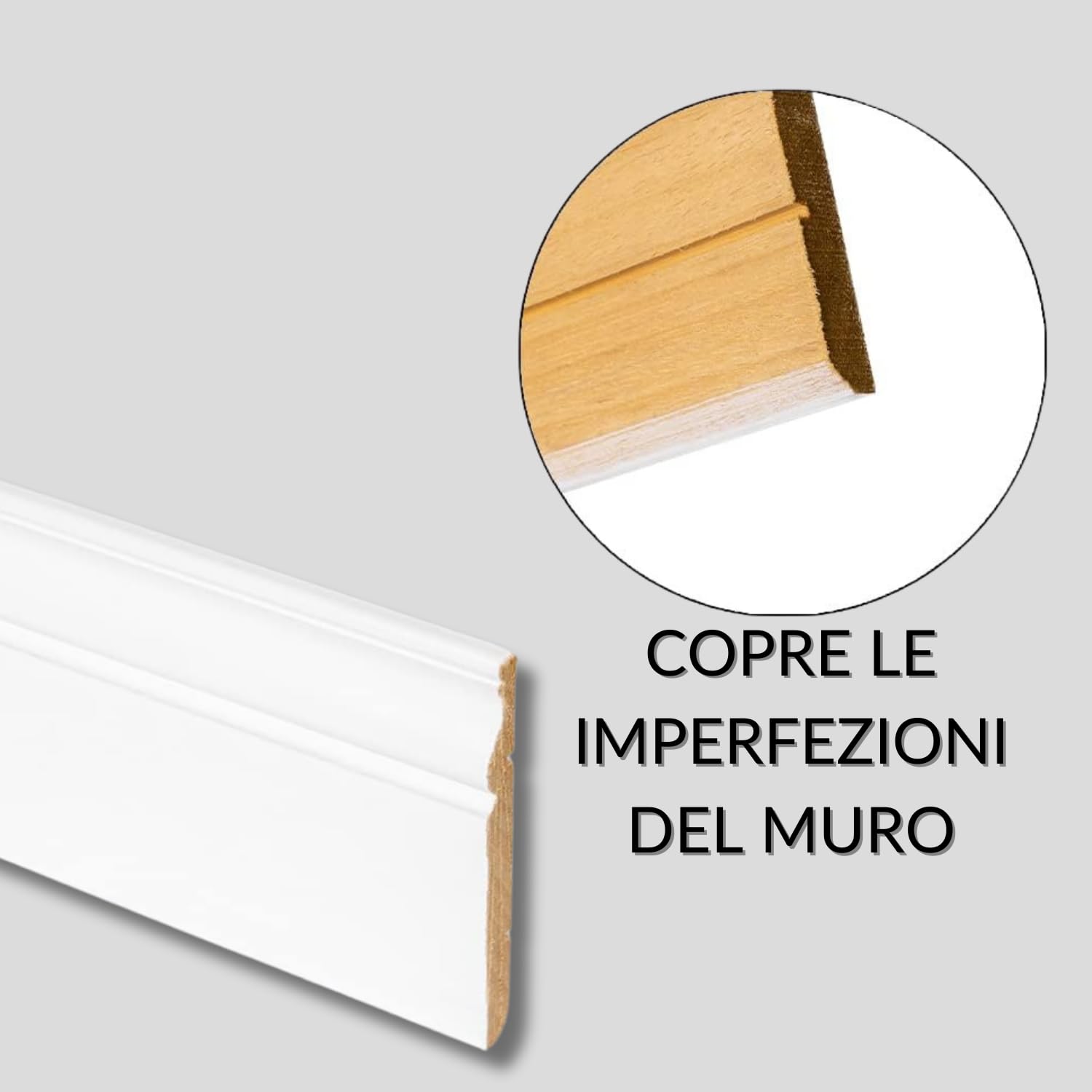TWE Tucci Wood Essence Battiscopa Laccato Bianco Coloniale in Vero Legno per Interni Made in Italy Resistente a Lavaggi al 100% Confezione x1 (14x140x2500) mm