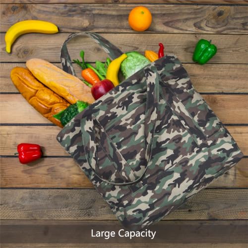 Image of TOPDesign 1-Pack Canvas Tote Bag with an External Pocket, Reusable Grocery Shopping Bag, Top Zipper Closure, Daily Essentials (Camo)