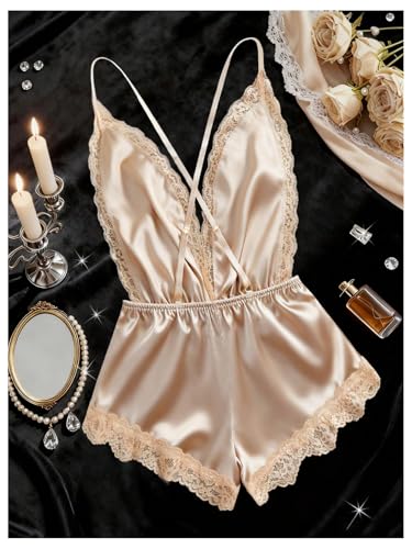Image of SHENHE Women's Lace Trim Satin Lingerie Romper Deep V Pajama Sleepwear