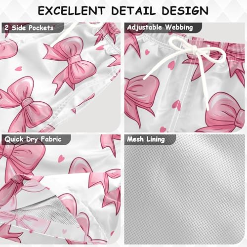 Pigsaly Boys Swim Trunks Hearts Pink Bow Coquette White Boys Board Shorts Swimsuit Swimwear Summer Bathing Suit S3