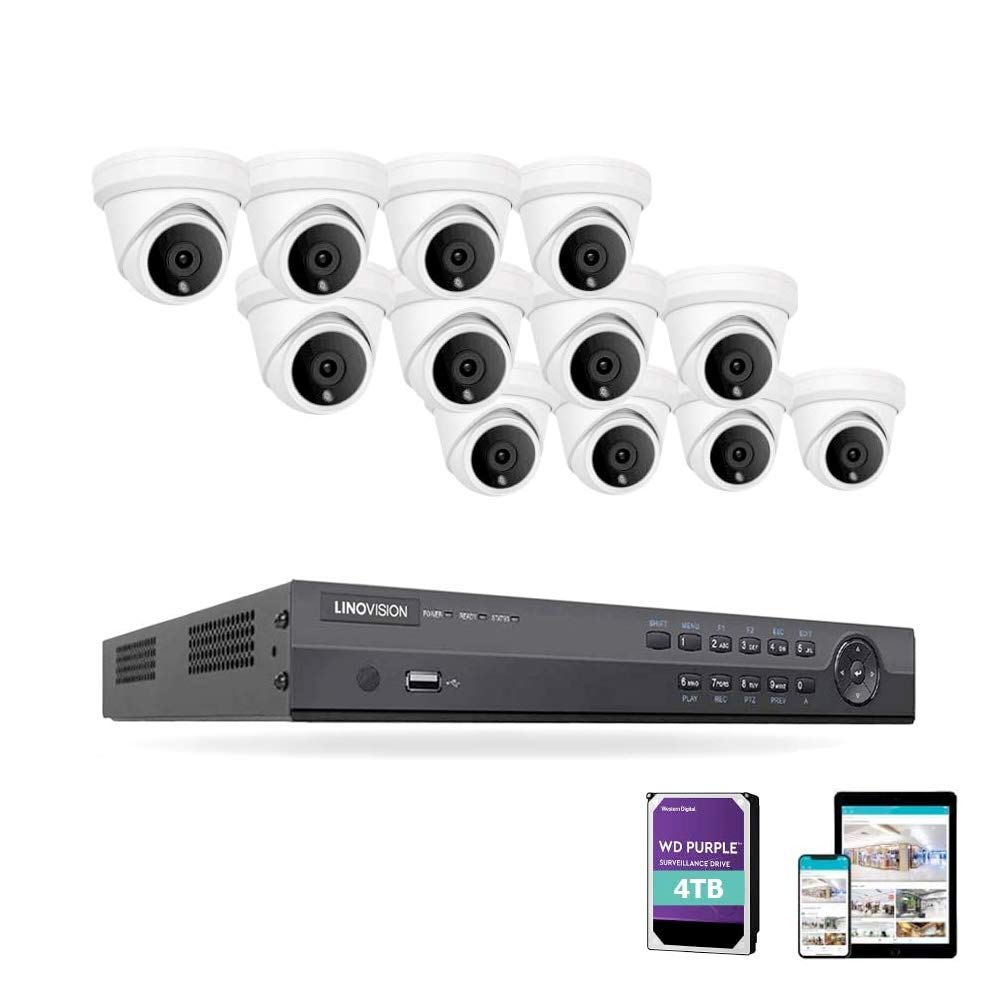 LINOVISION16 Channel Security Camera System with 4K POE NVR, Guarding Vision or Hik Connect App, (12) 6MP Night Color Vision Cameras with Mic, 4TB HDD, Surveillance for Businesses and Home