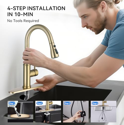 Gold Kitchen Faucet with Sprayer,Single Handle Kitchen Sink Faucet with Pull Out Sprayer, Champagne Bronze, Arofa Brushed Gold Brass Faucets for RV/Outdoor/Bathroom Sink by Arofa - Image 6