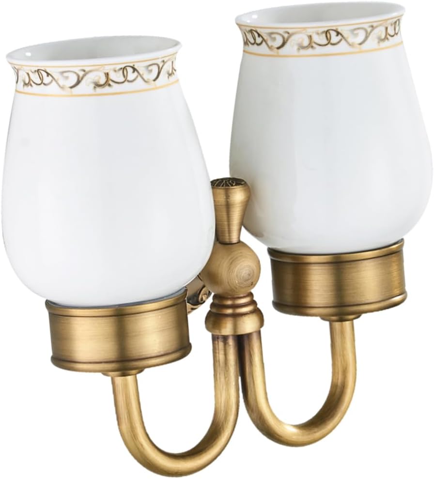 Amosfun Vintage Copper Wall Mounted Toothbrush Holder with Ceramic Cups Elegant Double Cup Organizer for Bathroom and Hotel Use Easy to Install Design