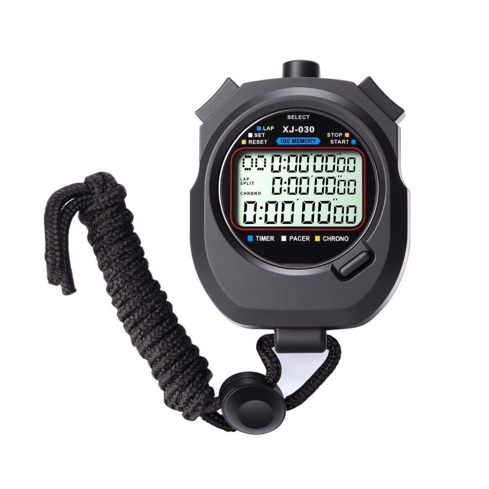 JetWave 【審判員も推薦】ストップウォッチ デジタル 大画面 0.01秒単位計測 ラップ スプリット機能 タイマー機能付き 防水 消音 勉強用 スポーツ 審判用 ストラップ付き 電池交換可 ブラック日本語の説明書(B-100の記憶)