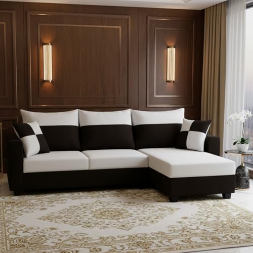 Image of FURNY Arissa 4 Seater Fabric RHS L Shape Sofa Set with Extra Cushions (Light Grey-Black) Premium Velvet Finish| Durable Comfort Ideal for Living Room