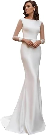 Long Sleeve Mermaid Wedding Dresses for Bride Ivory Simple Civil Satin Bride Dress with Train 2025 Beach Wedding Gowns Backless US8 He1084Z24