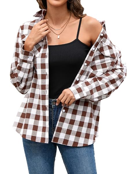 Stamain Chemise a Carreaux Marron Femme Chemise à Boutons à Manches Longue Country Top à Enrouler Décontracté Bureau Classique Fête avec Poches XL