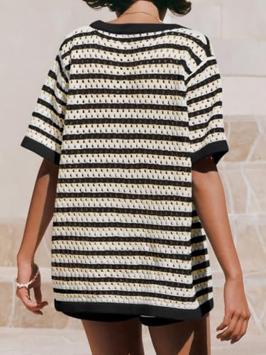 Image of Saodimallsu Womens Crochet Swimsuit Coverup Summer Beach Sets Striped Knit Short Sleeve Button Shirts 2 Piece Short Set