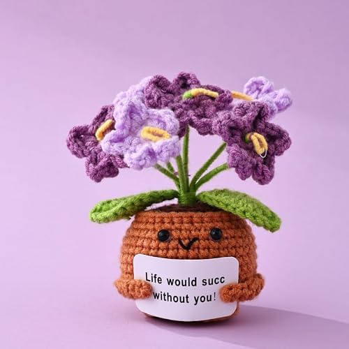 Handmade Crochet Flower Pot Gift – Knitted Flowers Potted Plant for Women, Coworkers, Mom – Cute Valentine's Day Gifts, Birthday Gifts, Desk Decor, Unique Yarn Flower Bouquet