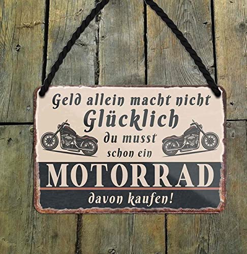 schilderkreis24 – Blechschild Lustiger Biker Spruch “Geld alleine macht nicht glücklich..“ Deko Metallschild Motorrad Garage Werkstatt Keller Motorradfahrer 18x12 cm