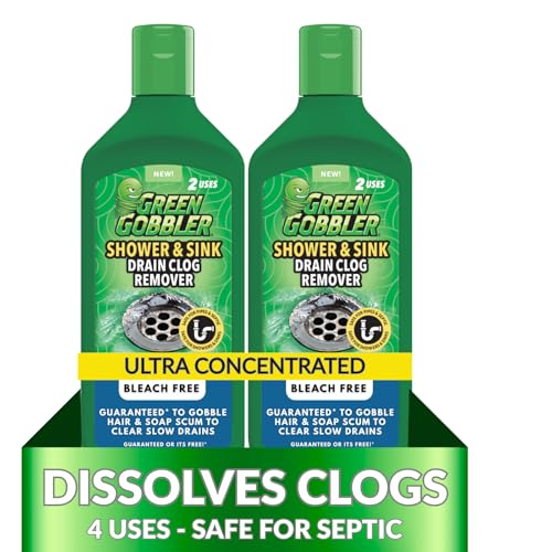 Green Gobbler Ultra Concentrated Drain Clog Remover & Cleaner | Powerful Hair, Grease & Soap Dissolver for Bathroom, Kitchen, Shower, Sink & Toilet | Safe for Pipes & Septic Systems | 2 Pack