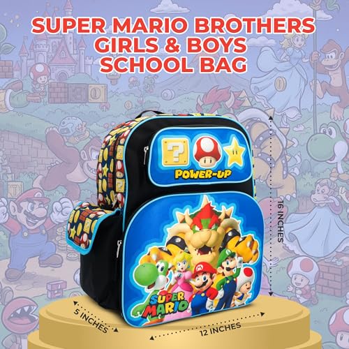 Image of AI ACCESSORY INNOVATIONS Super Mario Brothers Backpack, 16 inch Schoolbag with 3D Molded front pocket featuring Super Mario Characters Mario, Lugi, Princess Peach, Yoshi, & Boswer