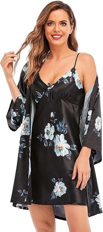 FOR YOU FOR ME Women's Satin Short Robe Dress Elegant White Floral Print and Matching Slip Dress