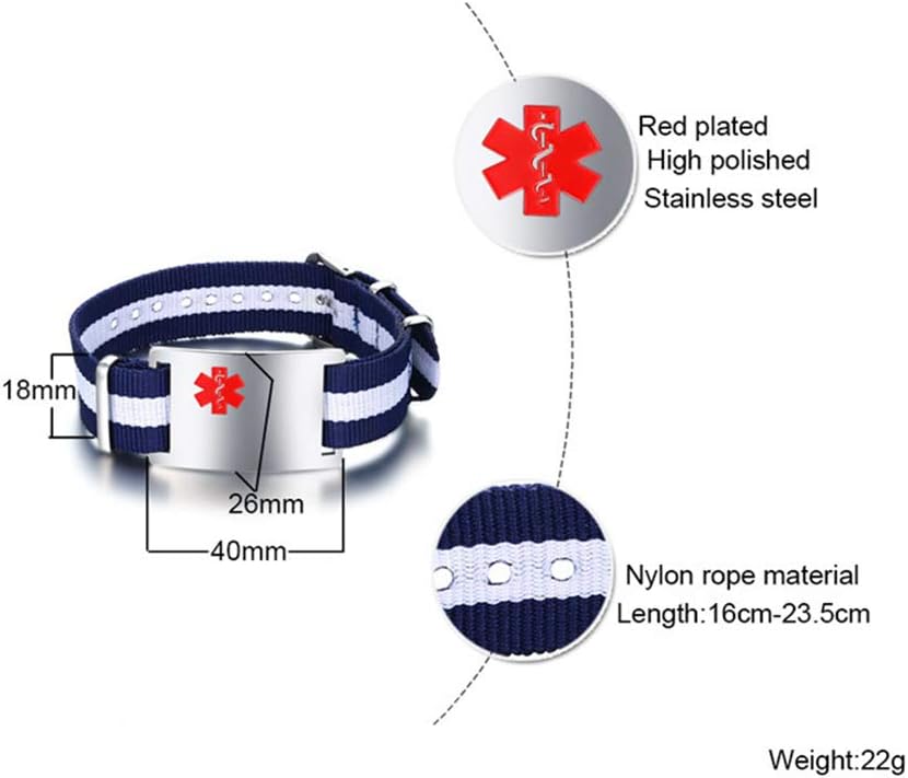 Fashion Month Men's Medical Alert ID Bracelet Stainless Steel 26mm Tag Nylon Rope Length Adjustable Emergency Jewelry Free Engraving
