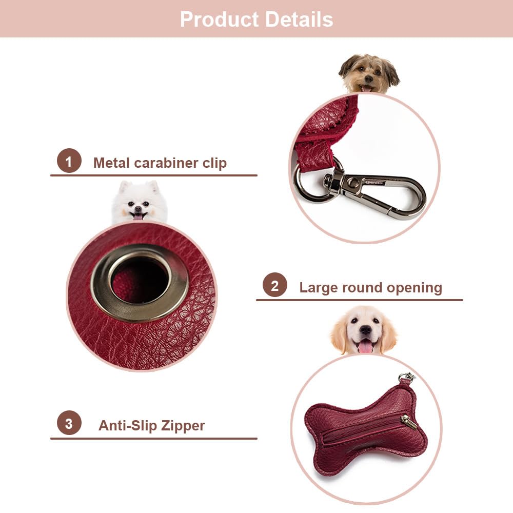 Dog Poop Bag Holder,Leather Pet Waste Bag Dispenser Zipered Pouch with Carabiner Clip Attached to Any Leashes for Walking Outdoor - Image 2
