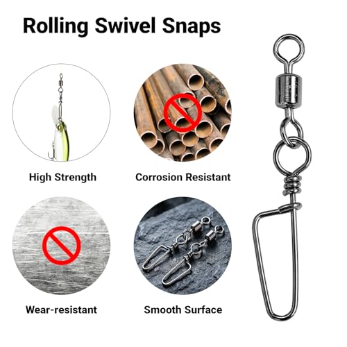 AMYSPORTS High Strength Fishing Snaps Freshwater Barrel Rolling Snap Swivels Steel Lure Connector Fishing Swivel Stainless Black Nickel, 50pcs, 44lb - Thumbnail 2