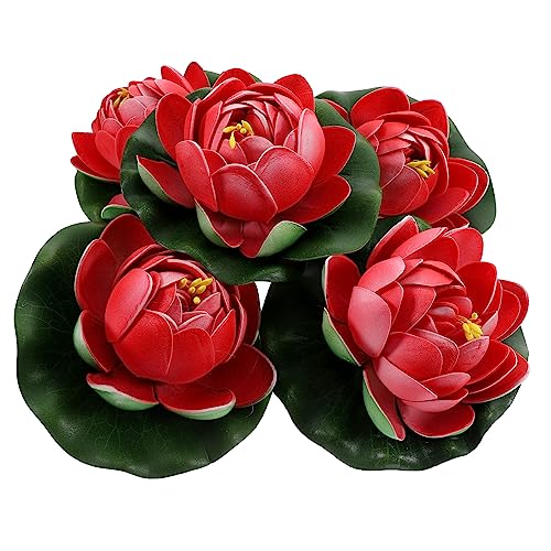 Kisangel Lot De 5 Plantes De Lotus Artificielles Réalistes Base Blanche Et Pointes Rouges pour Bassin Aquarium Piscine