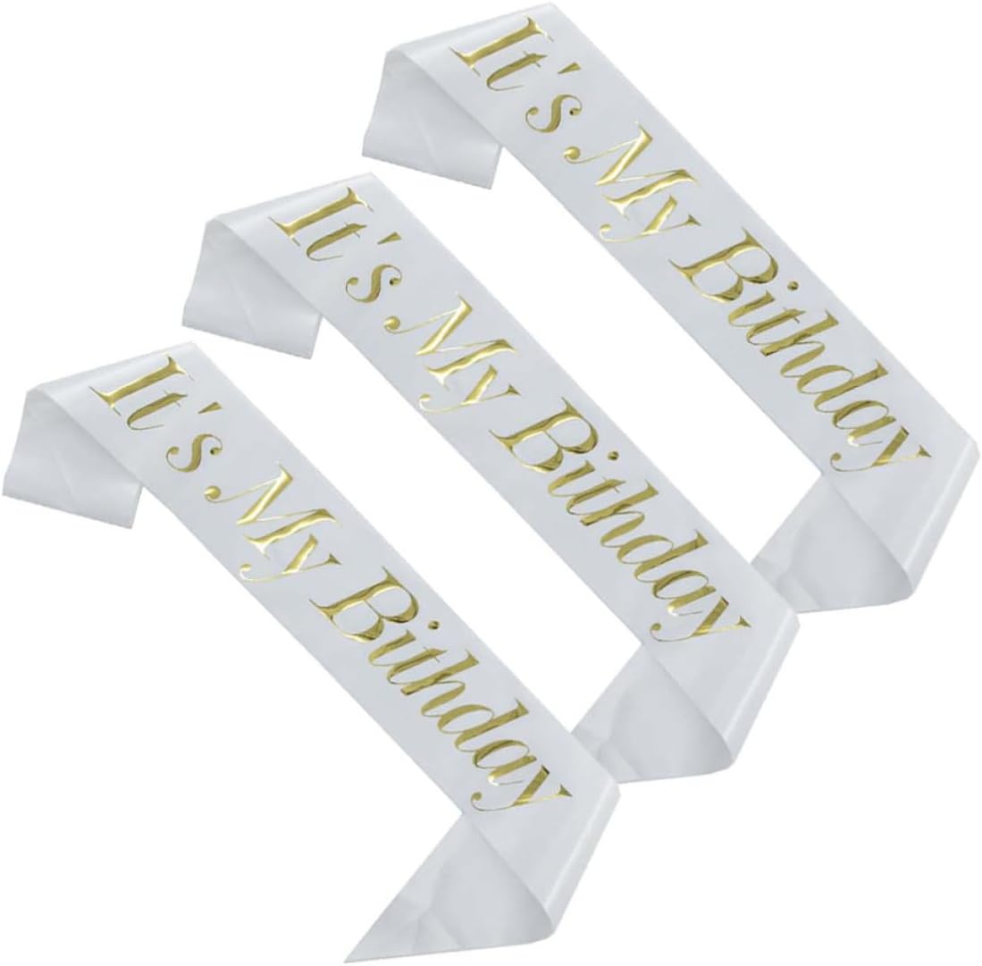 Birthday Sash Satin 3pcs with Gold Letter Printing White for Party | Comfortable Festive Wear, Creative Party Favor Accessory, Elegant Etiquette Belt for Celebration Dress-up