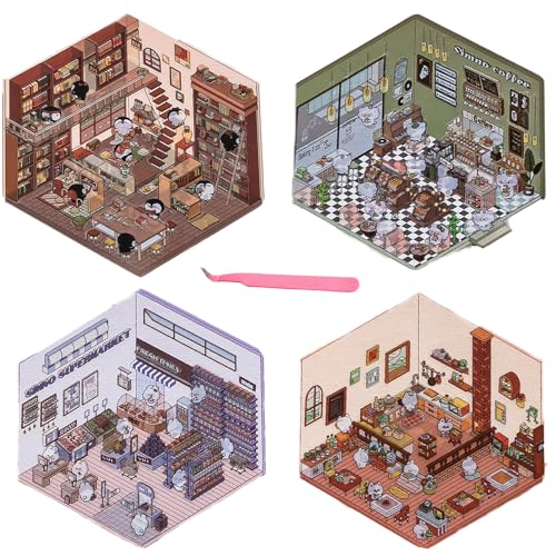 3D ハウスステッカー 4点セット DIY 3D コラージュ素材 シーンシール 造景シール コラージュ シール 紙ミニチュア模型 紙ドールハウス 紙素材 ピンセット付き 日記帳 立体 韓国系 ニッチ ストレス解消 可愛い シール 趣味 手帳素材パック (第
