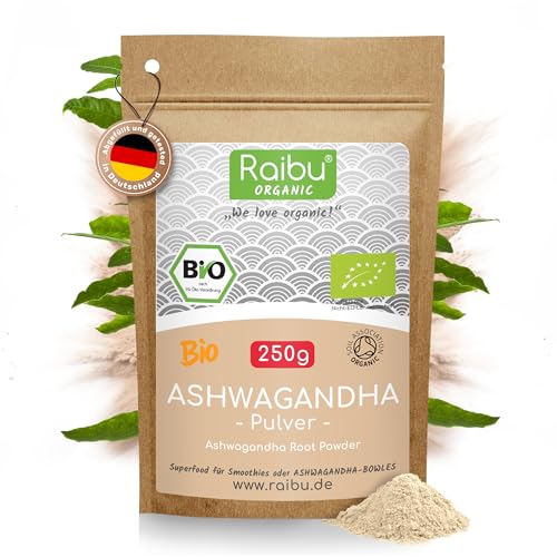 Raibu Bio Ashwagandha Pulver 250g -Withania somnifera - 100% Rein Ashwagandha Wurzel Pulver - Indischer Ginseng in hochwertiger Bio Qualität - Ohne Zusätze produziert in Deutschland