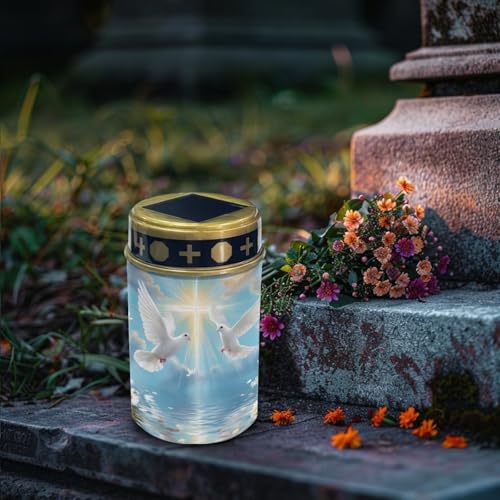Image of Poceacles Dove of Peace Cross Daisy Print Blue Solar Lights Outdoor Waterproof Cemetery Solar Outdoor Candle Grave Decoration Votive Candles Blessed Lights for Loss of Loves One, 2 Pieces