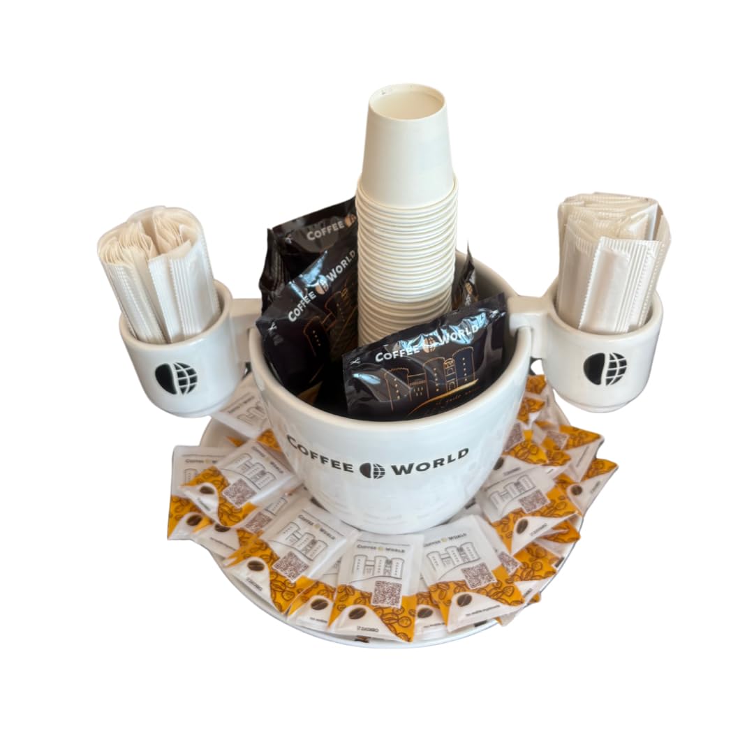 Coffee World, Tazzone artigianale con piatto in porcellana porta cialde, capsule, palette, zucchero, bicchierini da caffè, tazzone porta accessori da caffè, bicchierini, palettine e zucchero