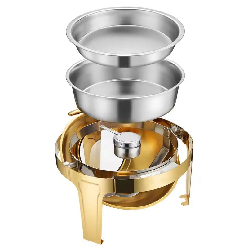 HONHPD 6.5 Quart Gold Round Chafing Dish Buffet Set, Stainless Steel Roll Top Chafer for Catering, Food Warmer with Glass Window for Party Wedding Catering Banquet Graduation Event