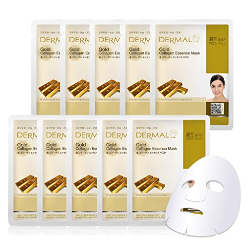 DERMAL Gold Collagen Essence Facial Mask Sheet 23g Pack of 10 - Anti Aging & Moisturizing, Brightening, Deep Tissue Rejuvenation, Daily Skin Treatment Solution Sheet Mask