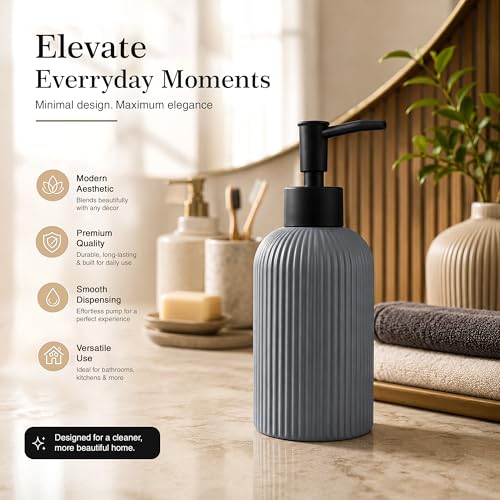 Image of Rioware Outdoor Living Ceramic Liquid Soap Dispenser, 300ml, Multipurpose Refillable for Hand Wash, Dish Wash, Shampoo, Kitchen, Bathroom, and Household Use Pack of 1- Soild Grey