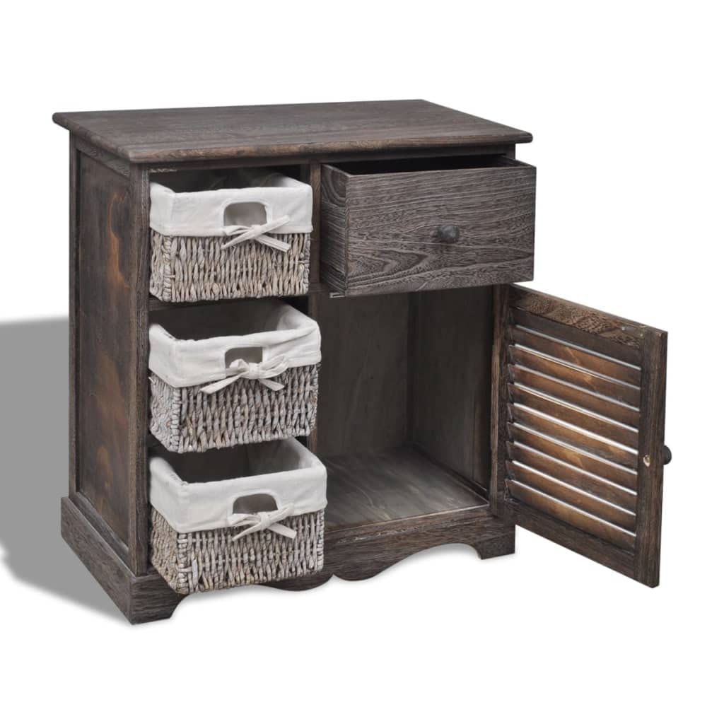 Cassettiera con 3 cestini, marrone, armadio in legno di paulownia, scaffale in stile rustico per corridoio e soggiorno, armadietto con cestini, 60 x 30 x 63 cm