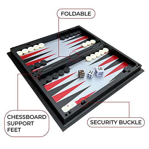 Leksak Games 10'' Magnetic Chess Checkers Backgammon Set 3 In 1 - Travel Board Games Portable Case Folding Board - Beginner Chess Set For Kids And Adults - 30 Checkers Pieces #TOP2