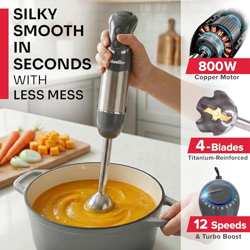 Mueller Multistick 5-in-1 Immersion Blender Handheld,12 Speed Hand Mixer-Turbo Boost,Heaviest Duty Copper Motor,Titanium reinforced Blades Hand Blender,Milk Frother Wand,Whisk,Beaker,Chopper,Grey