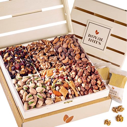 Royal Nuts Gift Basket – Gourmet Mixed & Assorted Nuts in Reusable Wooden Crate | Deluxe Holiday Food & Nut Gift Box for Dad, Grandpa, Adults & Family - Kosher, Healthy Gift Baskets