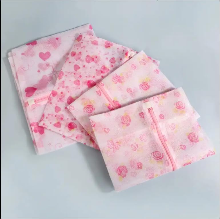 Image of HomeCloud Mesh Laundry Clothes Washing Bag with zip lock for Delicate Clothes, Stockings, Underwear, Bras & Lingerie for Washing Machine| Pack of 5 (Pink)