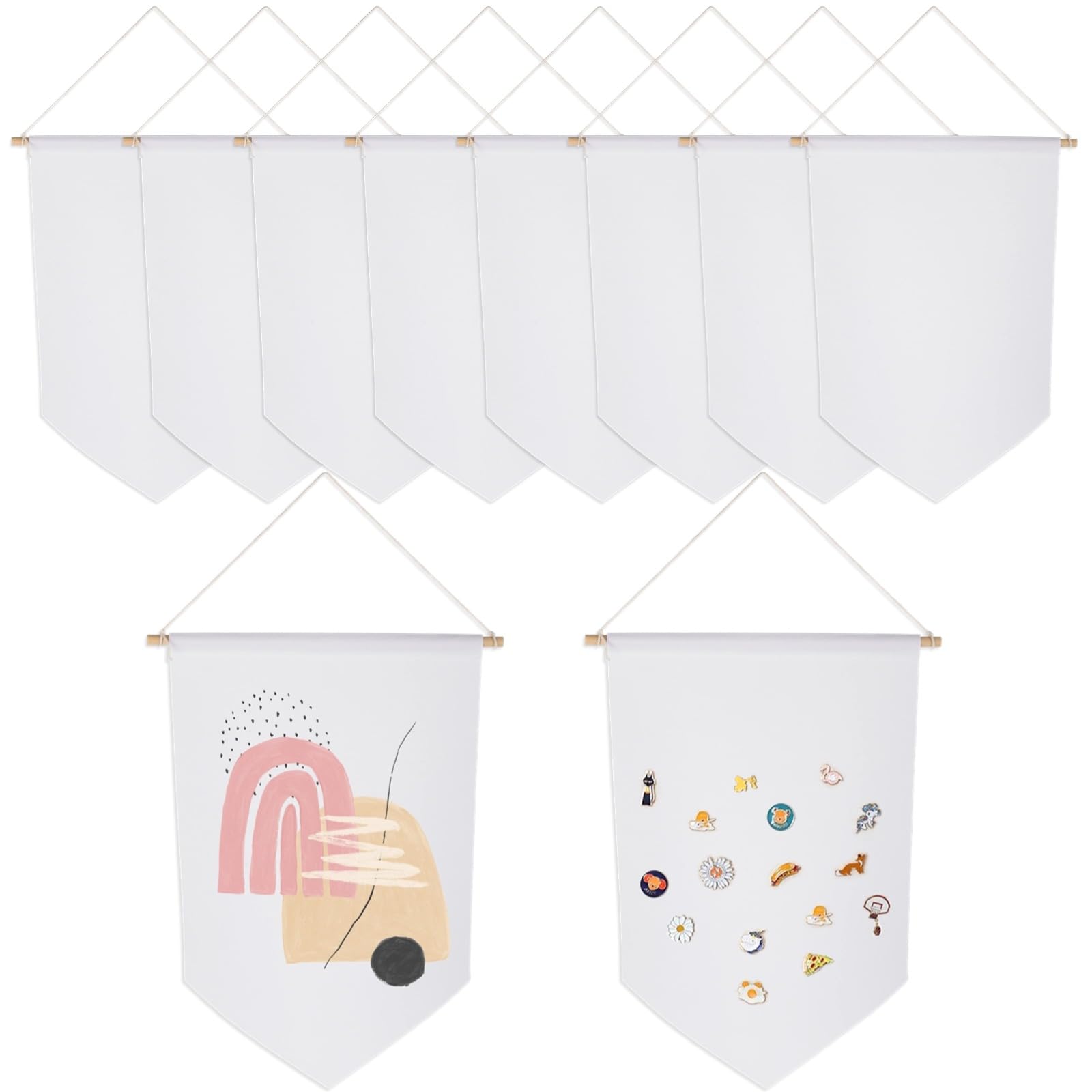 10 Stk. Blanko Canvas Banner, dekorative DIY Wandbanner zum Aufhängen, Wanddisplay-Fahnen für kreative Wandgestaltung, Banner für Emaille-Pins und Anstecknadeln-Sammlung