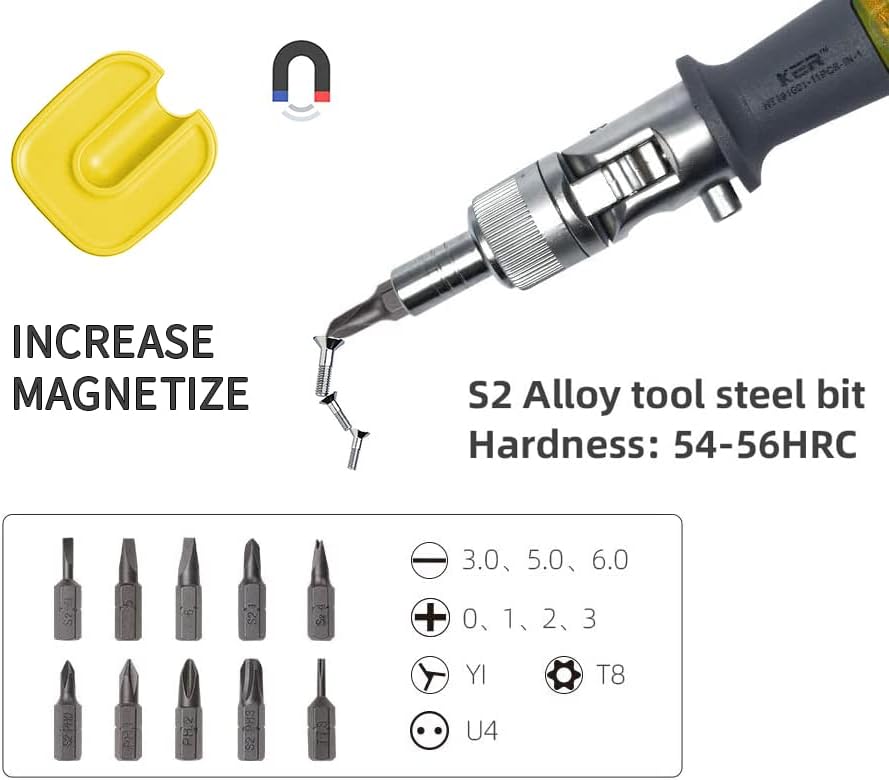 Miniatura 2 de KER Multiherramienta de trinquete 11 en 1 - Destornillador magnético, herramienta de reparación de destornillador angular profesional (amarillo,