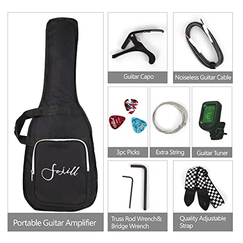 Fojill 30 Inch Kid Children Junior Electric Guitar Beginner Kit Combo Bundle Mini Set Starter Package For Teens Youth With Amplifier, 600D Bag, Tuner, Capo,Picks, Cable, Strap, Extra Strings #TOP5