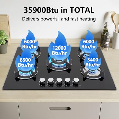 Nardea 30" Built in Gas Cooktop, 5 Burner Gas Cooktop for NG/LPG Dual