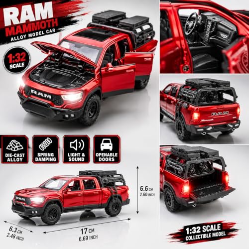 Image of Magicwand 1:32 Scale Die-Cast Metal Car Dodge RAM Mammoth with Openable Doors,Pull Back Action,Blinking Lights【Pack of 1】【Random Color】