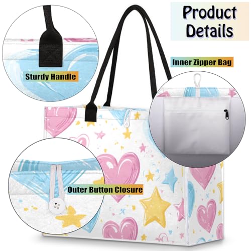 Happy Love Stars Tote Bag for Women Large Beach Bag Reusable Tote Bags for Work Travel Beach Shopping4