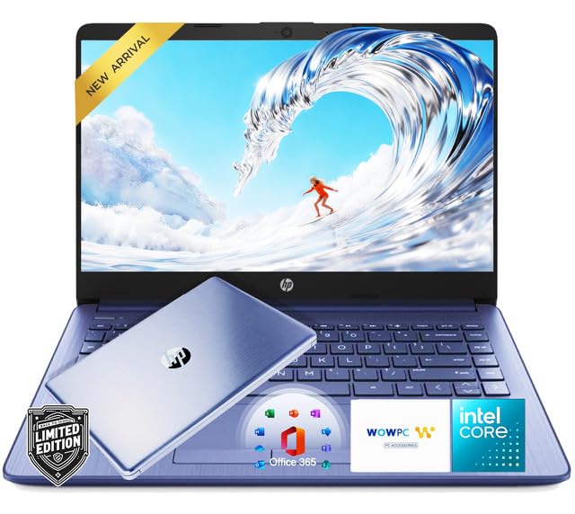 Image of HP 14 inch Student Laptop with Microsoft 365, Intel 4-Core CPU, 8GB RAM, 64GB SSD + 500GB External Drive + 1TB Cloud Storage, Windows 11, HD Display, Royal Blue, WOWPC Bundle
