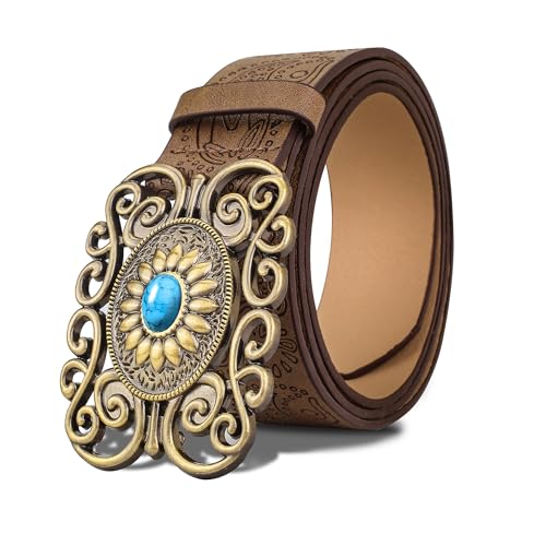FALETO Women's Western Belt Turquoise Buckle Vintage Embossed Leather Belt for Cowgirl Jeans Dress Rodeo Country Concert2
